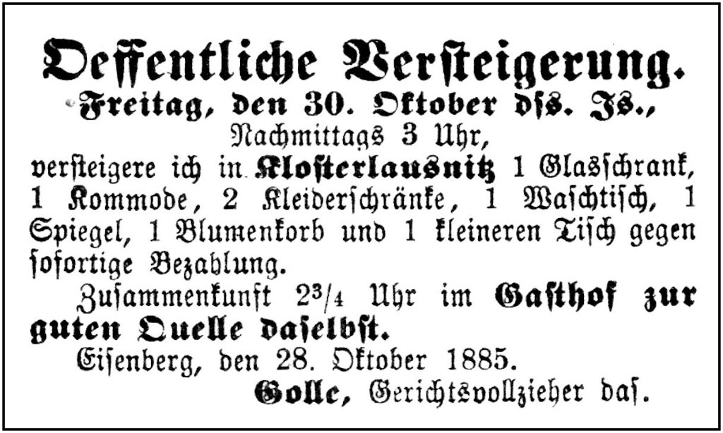 1885-10-28 Kl Versteigerung